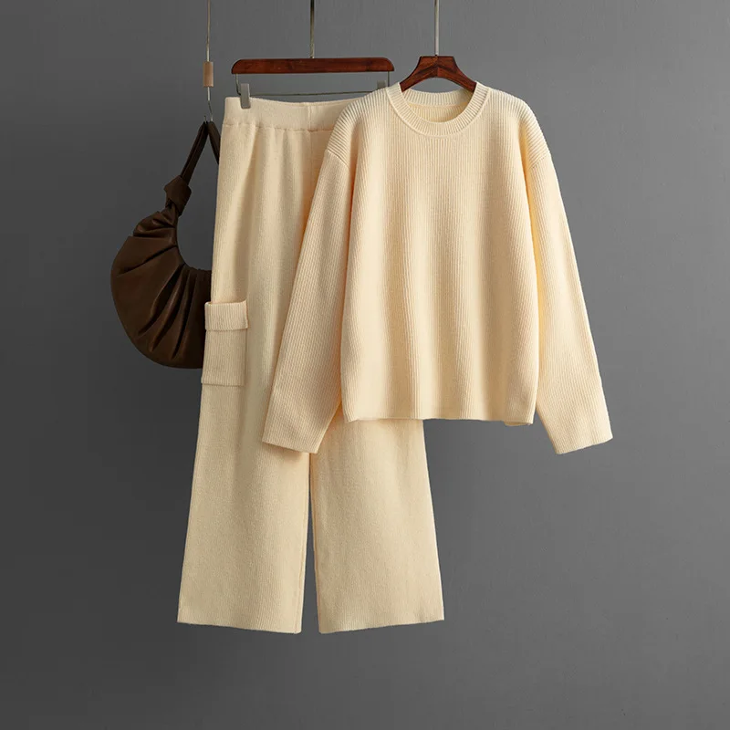 2025 Herfst Winter Nieuwe Mode Dames Losse Effen Kleur Casual Trendy 2-delige sets O-hals Truien Rechte wijde pijpen Broek