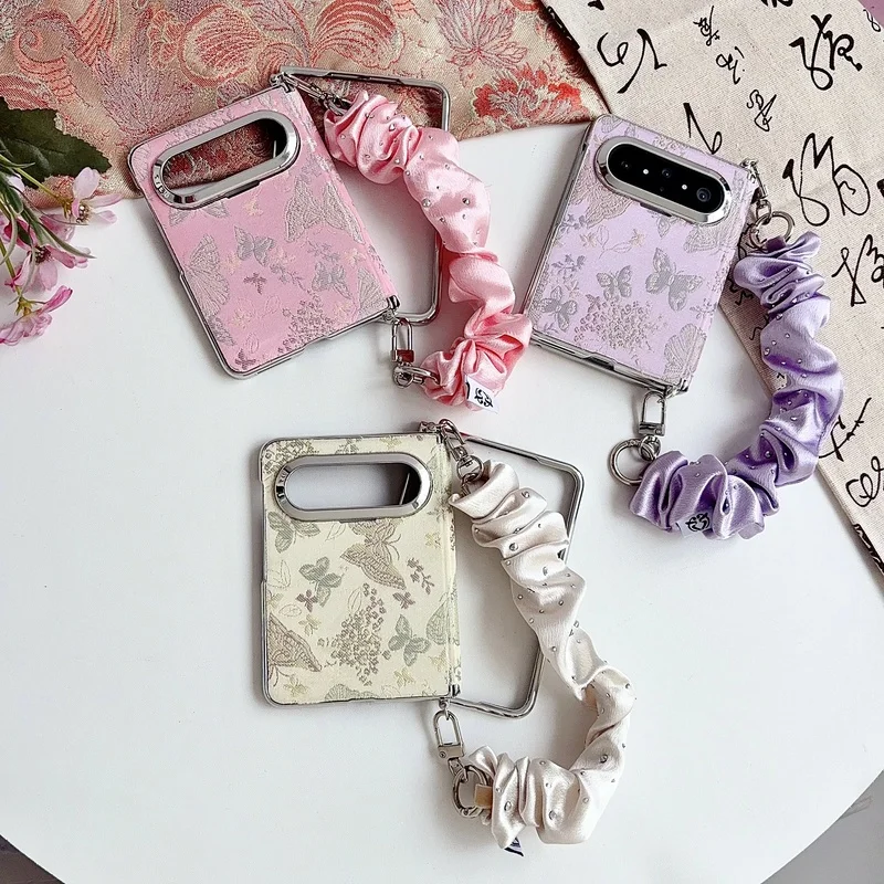 Fashionable Embroidered Butterfly Phone Case for Samsung Z Fold 8 Axis Protection Strap Shockproof Portable Cover With Bracelet
