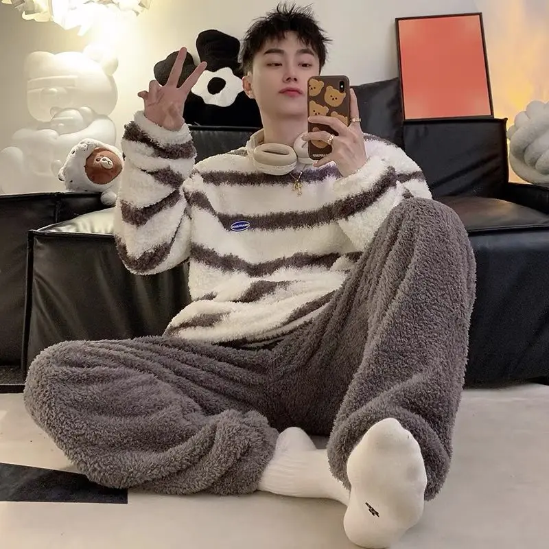 Couple Pajamas for Men Fleece Winter Sleepwear Korean Sleeping Night Wear Striped Pijama 2 Pcs Pants Sets O-neck Warm Home Suit