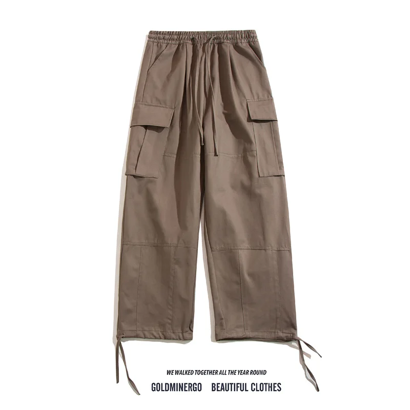 

Retro Japanese Sle Men's Casual Straight Leg Work Pants Multiple kets Pure Color Versatile Loose Elastic Waist Sports Pants