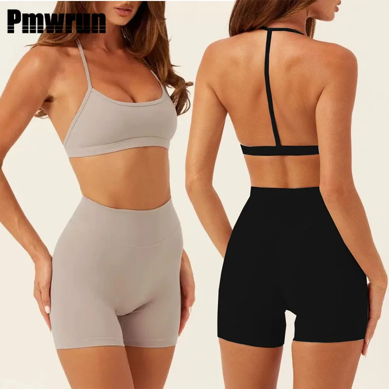 

PMWRUN женский комплект для йоги с тонкими бретелями и открытой спиной, бюстгальтер с высокой талией, шорты-клеш, мягкие эластичные брюки для тренажерного зала, йоги, пилатеса, тренировочная одежда