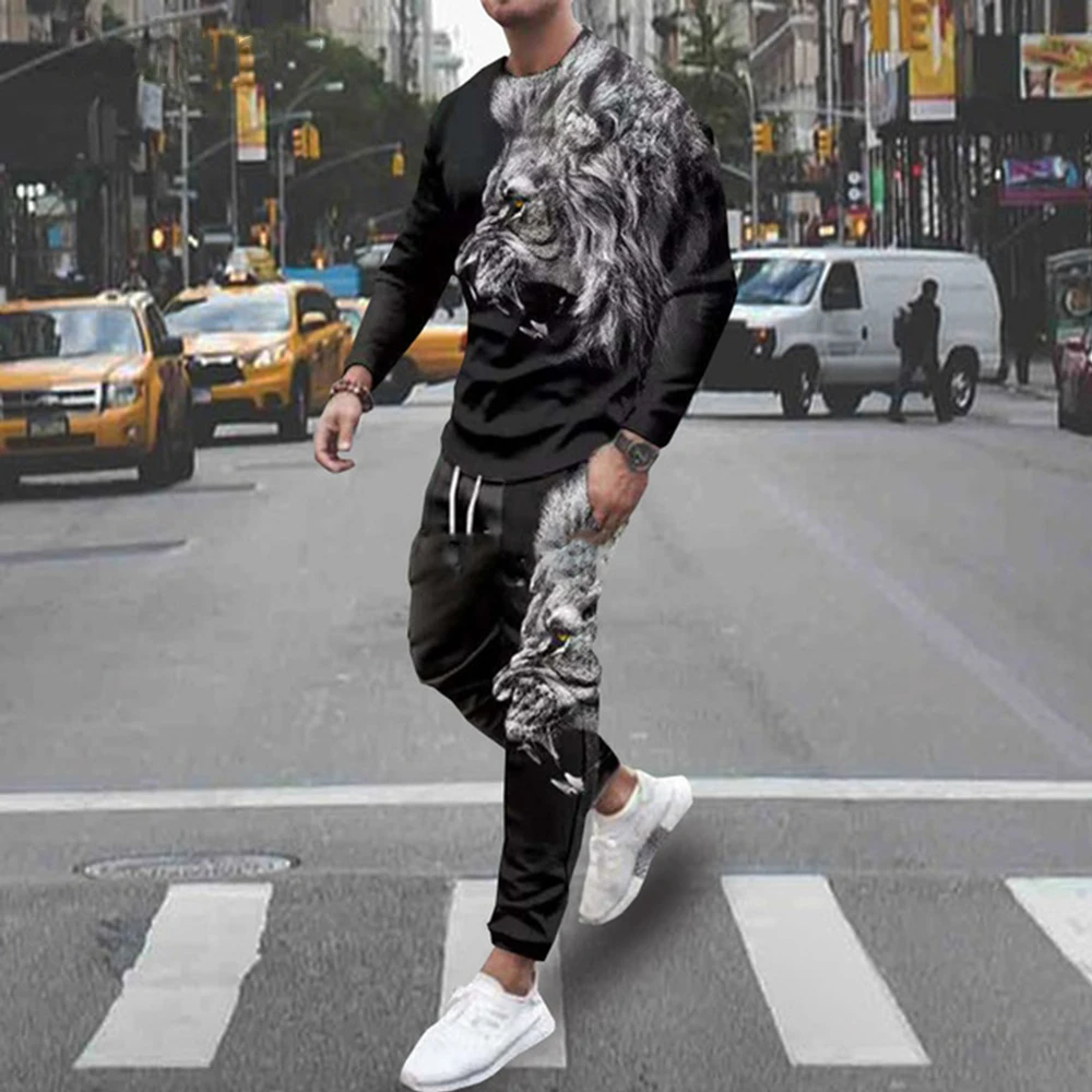 Herbst Herren Langarmhose 2 Stück Set Outfit lässig heftig Tiger 3D-Druck übergroße Sport bekleidung Männer Street Clothing Outfit