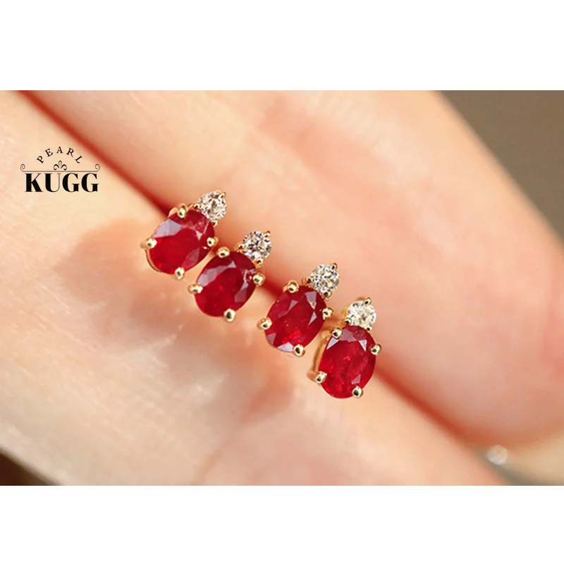 

KUGG серьги из 100% желтого золота 18 карат, модные серьги-гвоздики в стиле INS с блестящими бриллиантами и натуральными рубинами для женщин, подарок на высокую годовщину