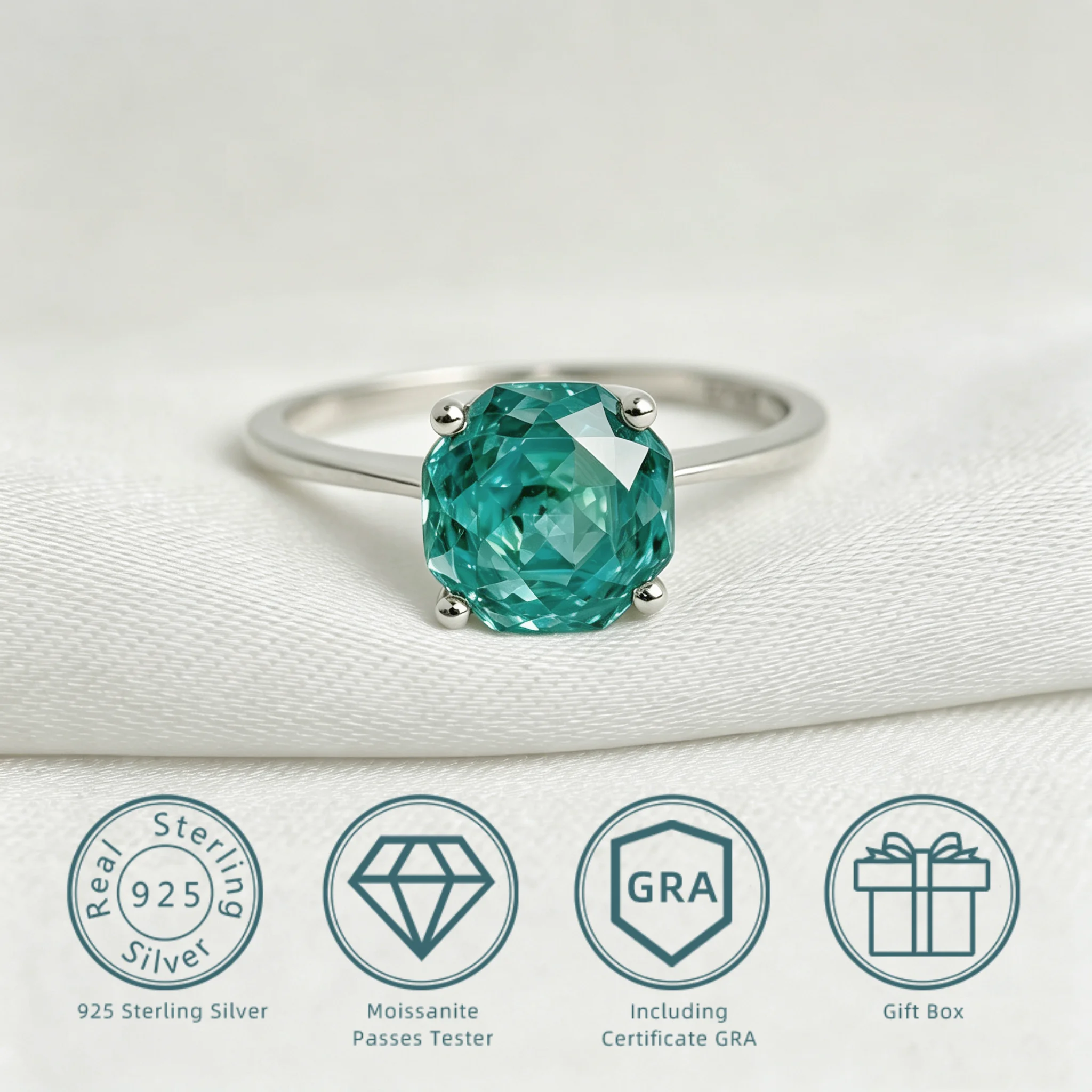 2ct 8*8mm Octagon Rose Cut Blue Green Moissanite Solitaire Ring, 925 Sterling Silver Jewelry Gift for Women with