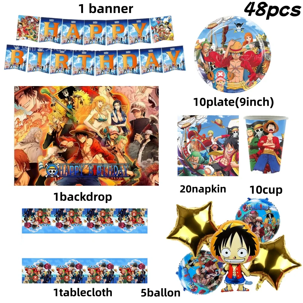 

One Piece Theme Birthday Party Decoration Pirate Luffy Balloon Kids Boy Favors Party Tableware Plate Cups Ball Set Cartoon Decor
