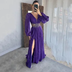 Charming Purple Evening Dresses 2024 Latest Prom Party Dresses Puffy Long Sleeve V Neckline Wedding Guest Gowns Side Split