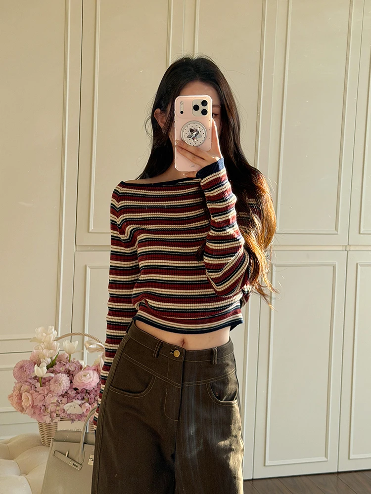 Coreano sle longo sve malha topo ort oulder bared fino ajuste jovem olhando interior wear feminino faion listrado cor blo