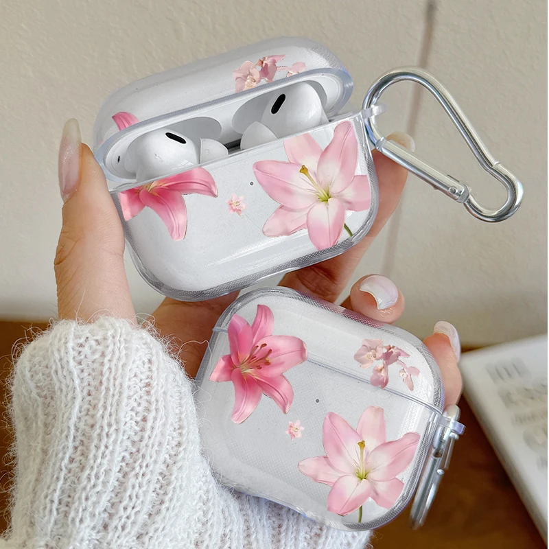 

Pink Lily Flower Pattern Clear TPU Earphone Case for AirPods Pro/Pro3/Pro2 Protective Case for AirPods 4/3/2/1 Headphone Covers