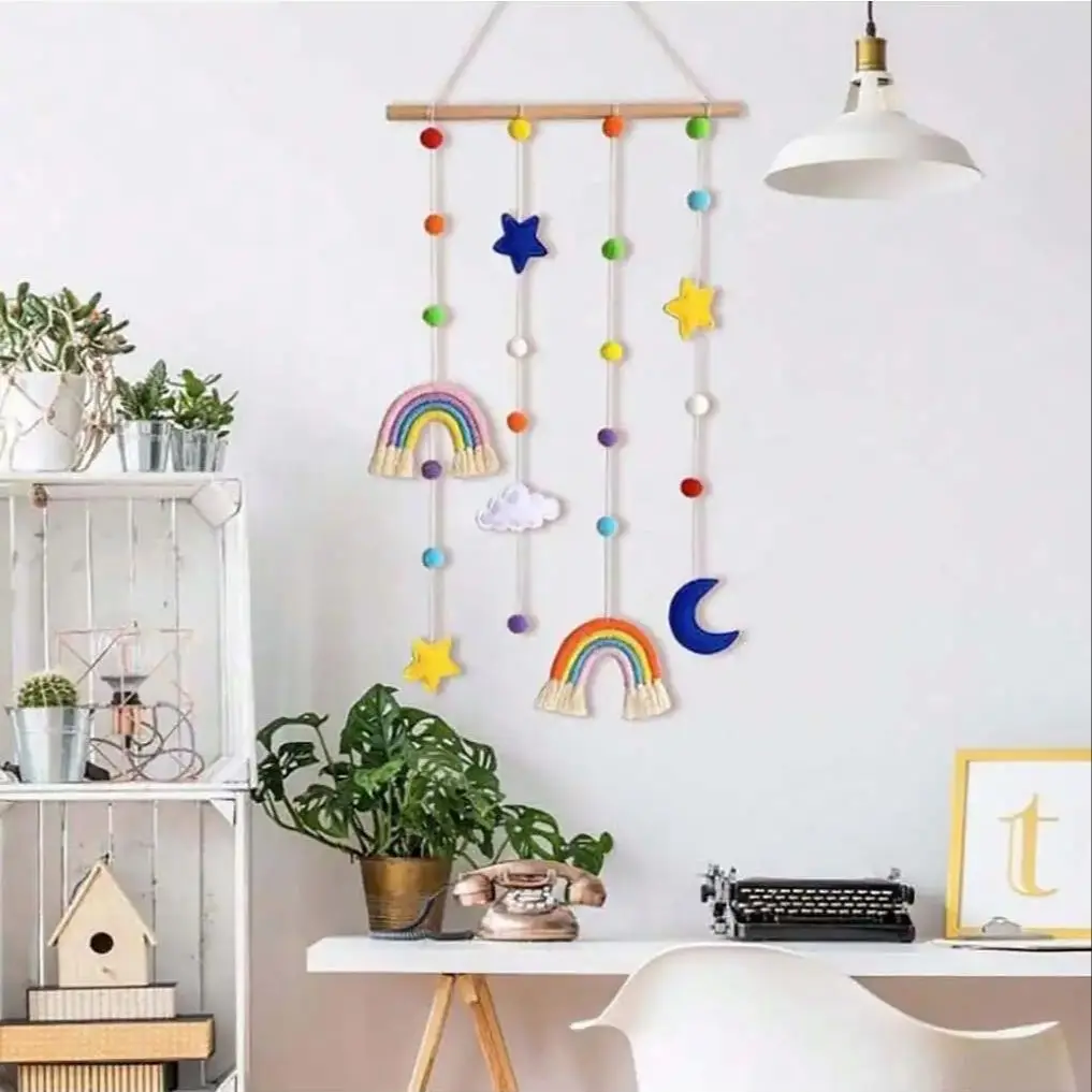 Rainbow Moon Cloud Wall Hanging Home Decor Wooden Scandinavian Macrame Photo Storage Nordic Hanger Baby Nursery Children's Room