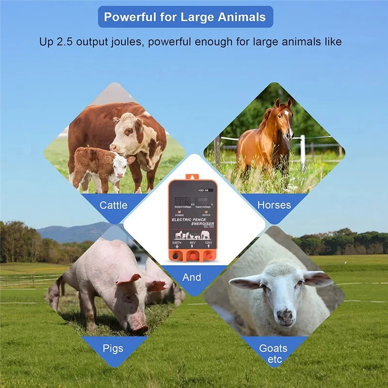 

A88Z Livestock For Farm Cows Cattle Horse 10KM Electric Fence Energizer With LCD Display 2.5 Joule 12V Energizer Controller