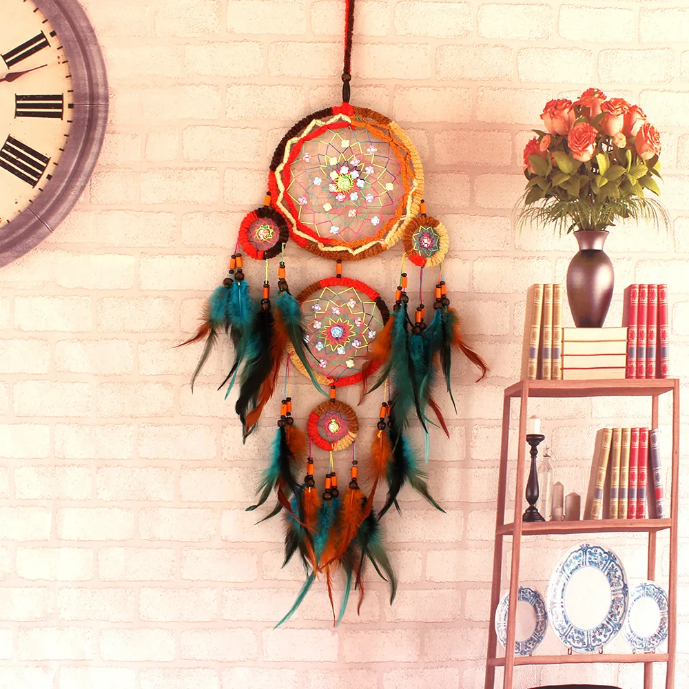 Colored Feather Five Rings Dream Catching Net Warm Indoor Home Decoration Bedhead Wind Chime Hanging Piece Creative Gift