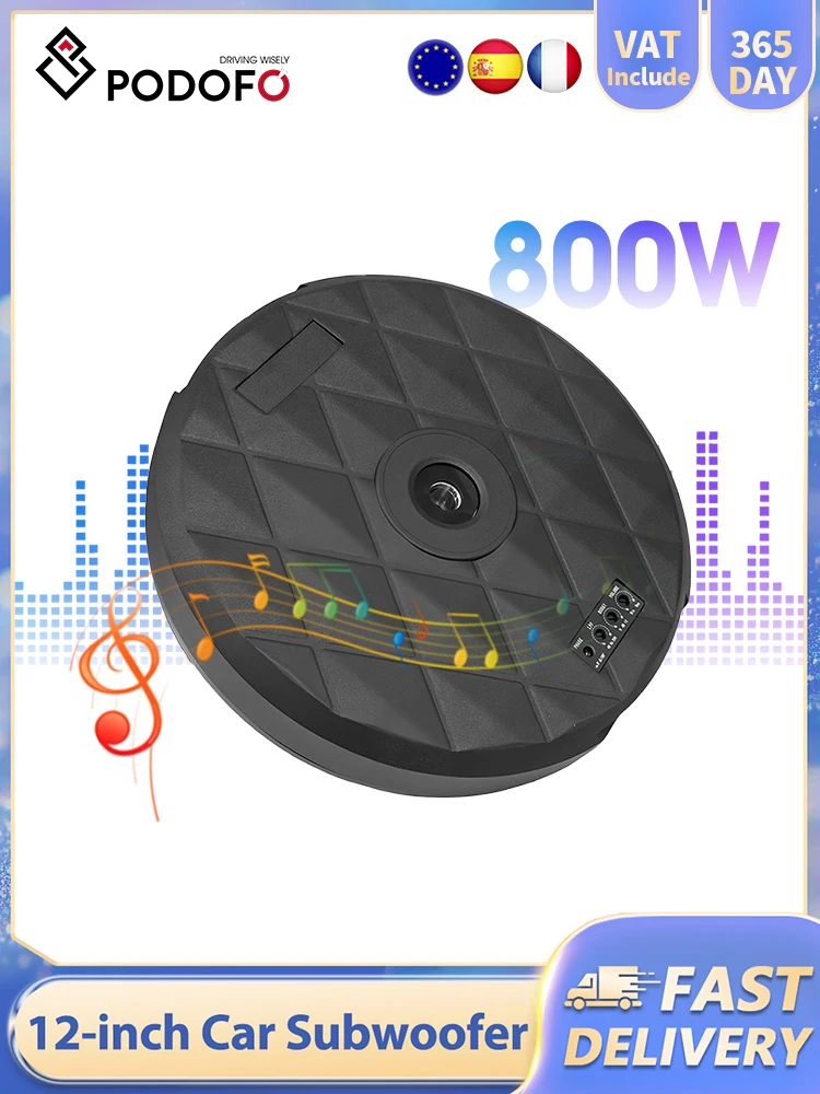 Podofo 1 Set 12 Zoll Aktiver Subwoofer 800W Schlanker Auto-Basslautsprecher Versteckter Leistungsstarker Tieftöner mit Verstärker Fernbedienung Auto-Audio-Stereosystem für Auto Passt in Ersatzreifen