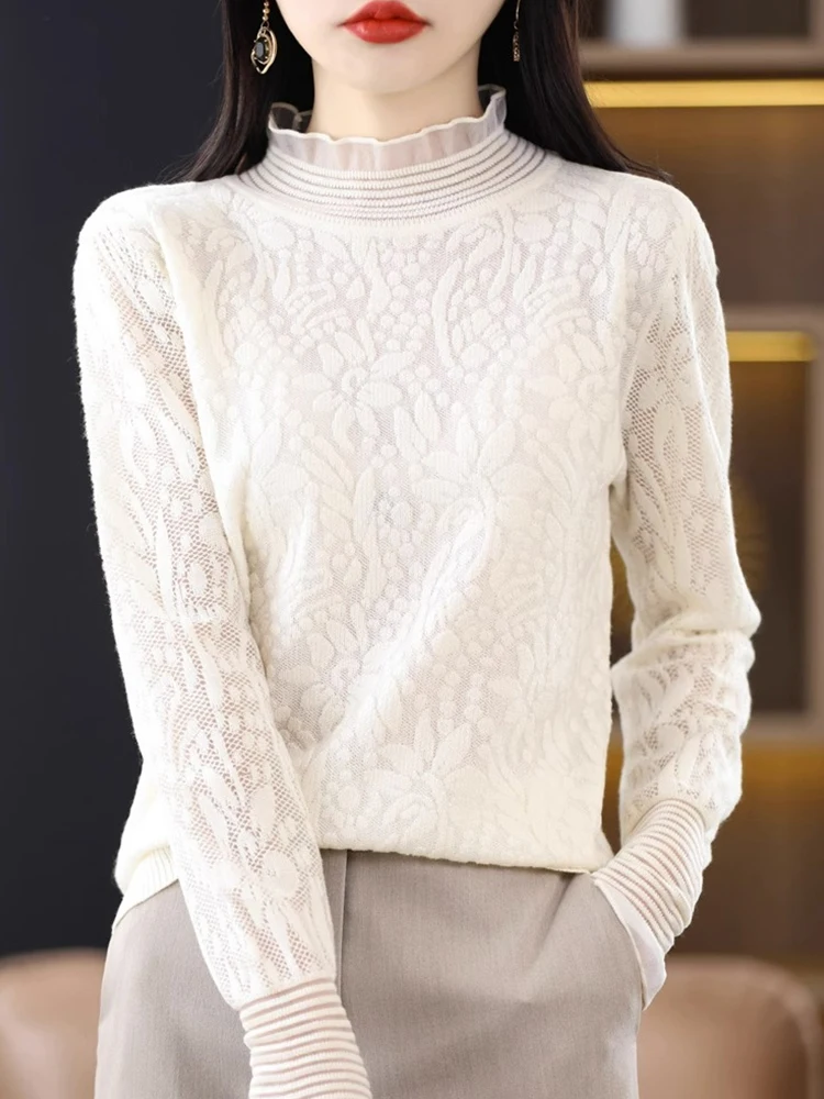 

Женский шерстяной вязаный топ с длинным рукавом, высоким воротником и сложной вышивкой, в корейском стиле, для повседневной носки