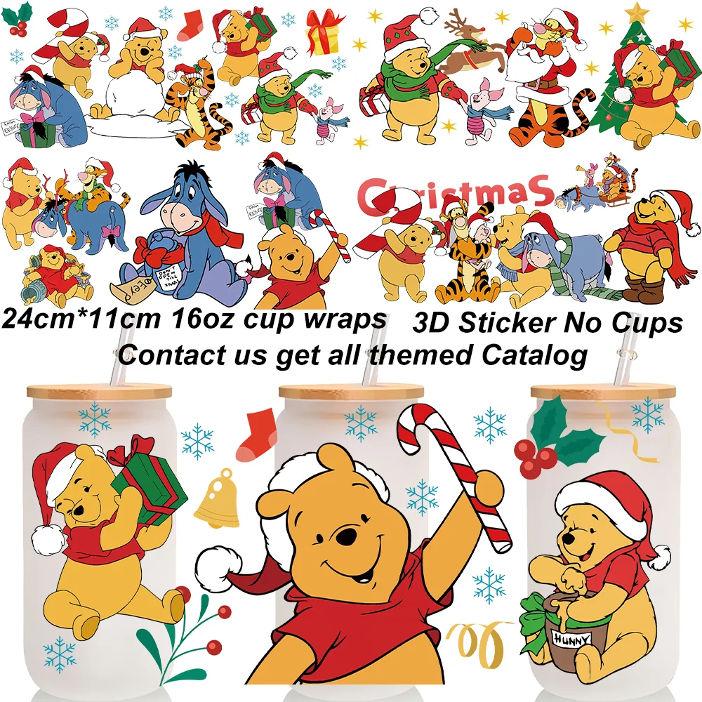 Xmas Vibe Honey Bear UV DTF Cup Wraps Print Balloon Stickers for 16oz Glass Can Waterproof Winnie Friend DIY Sticker Gift Decals