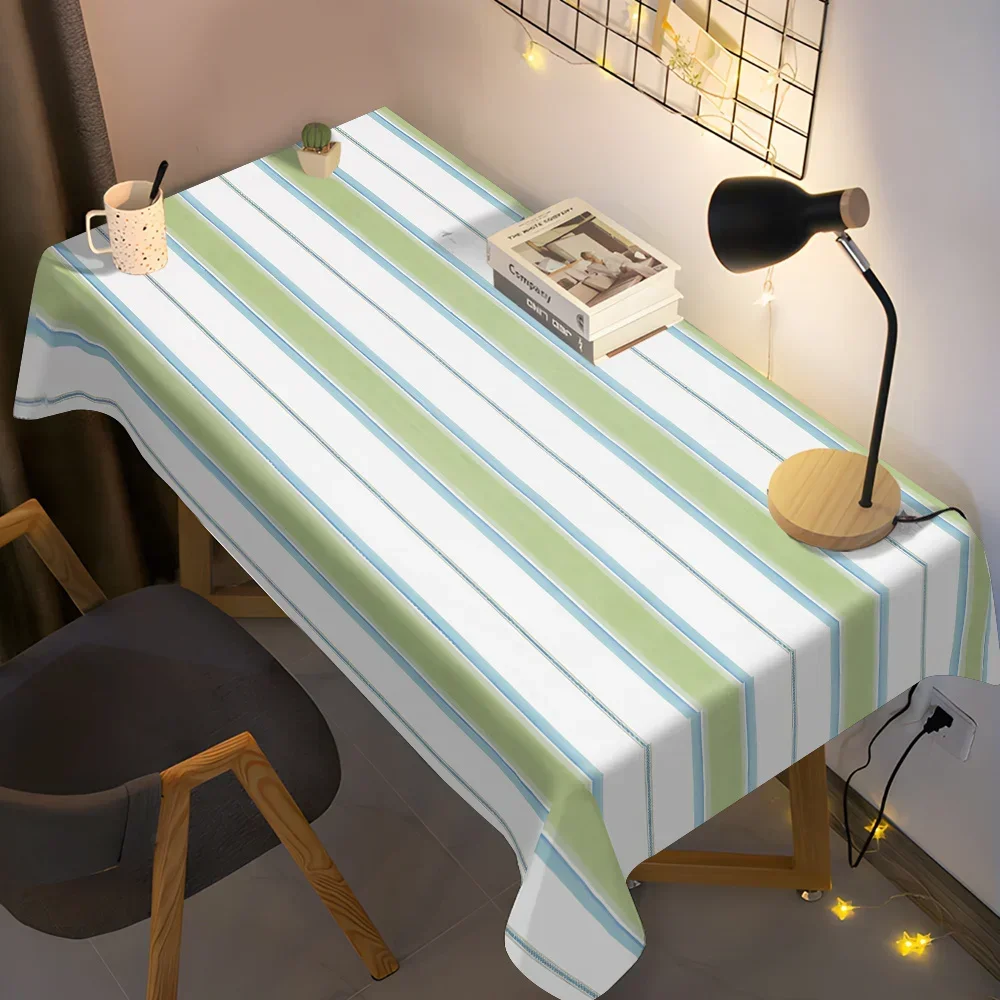 One linen tablecloth - green and white stripes with blue edging, beige/grey horizontal stripes, machine wovenxzj