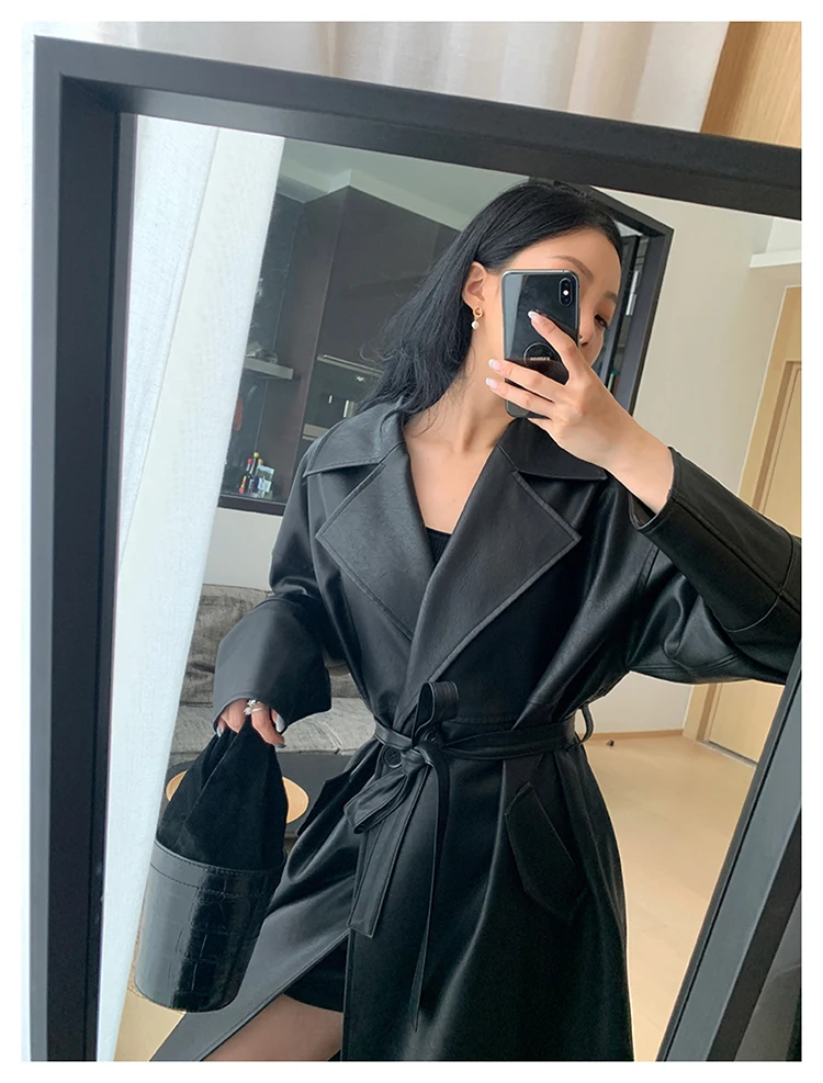 

Spring Autumn Long Oversized Black Leather Trench Coat for Women Sashes Single Button Loose Stylish Korean Fashion