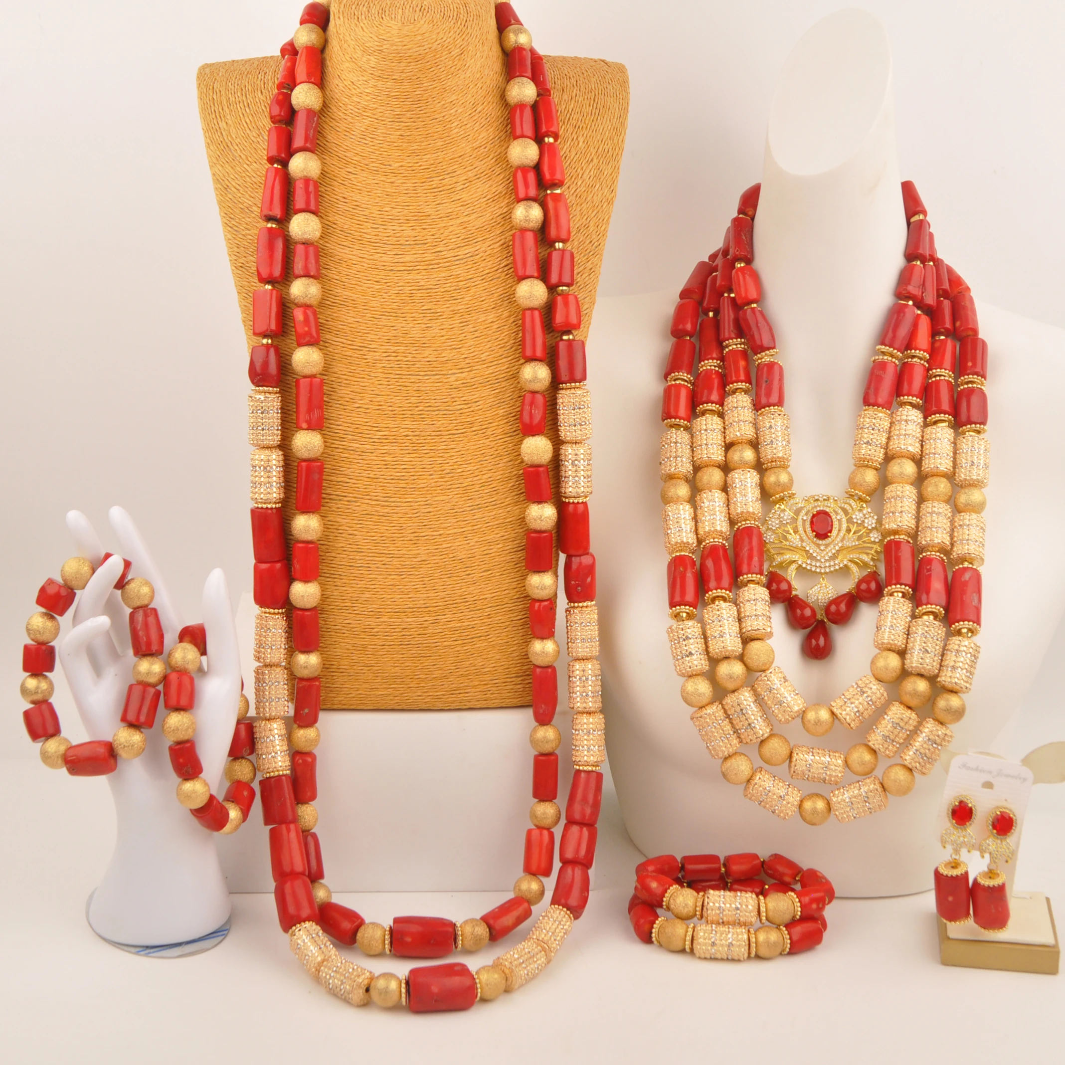 Luxury Nigerian Couple Jewellery African Wedding Coral Beads Jewelry Set