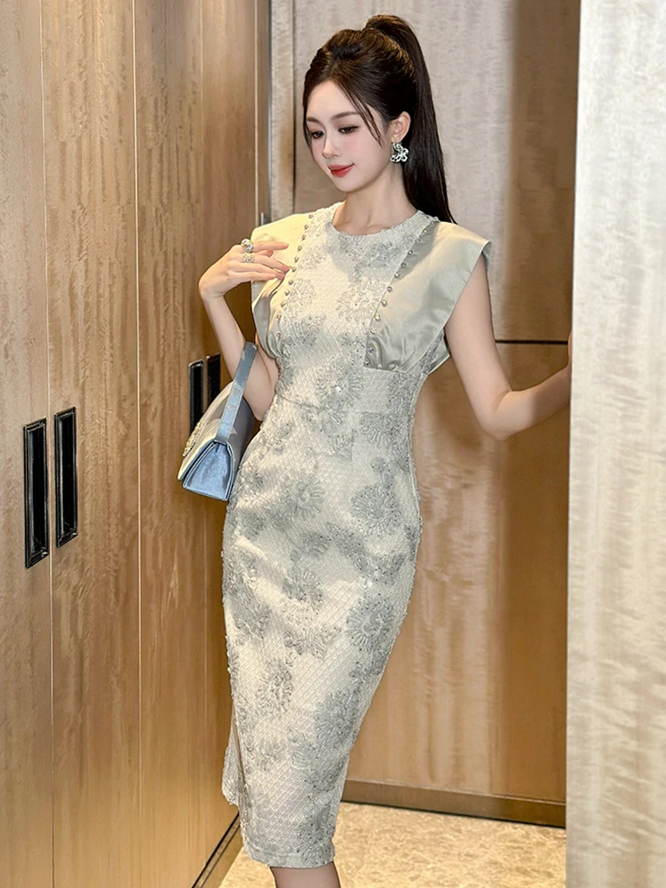 Ropa de mujer, vestido de tubo por debajo de la rodilla ajustado con lentejuelas florales y bordado de encaje, Vestidos de fiesta elegantes de lujo para mujer, ocasión Formal nueva