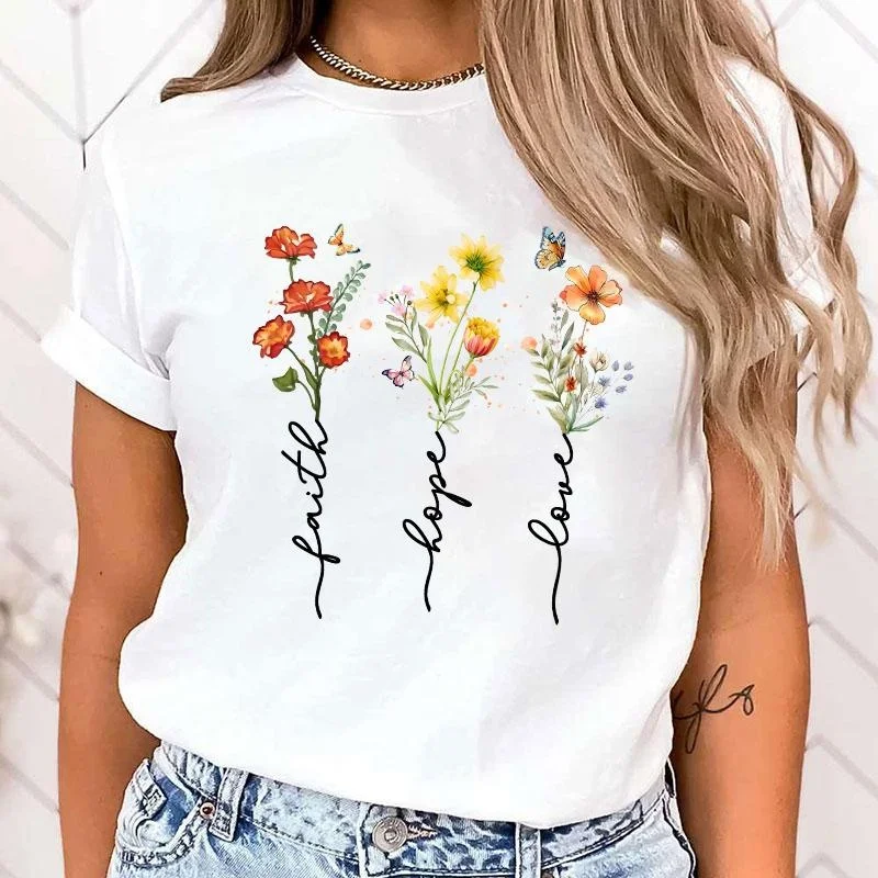 T-shirt pour femmes à manches courtes, imprimé floral et lettres 'Faith Hope Love', mode décontractée d'été