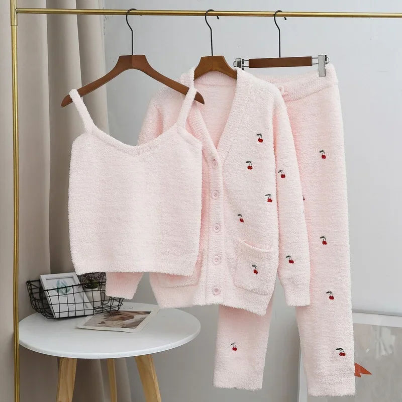 Kuzuwata 2024 Autumn Winter Women Sleepwear Soft Thick Cute Embroidered Homewear Pajamas Cardigan Camisoles Trousers 3pcs Suits