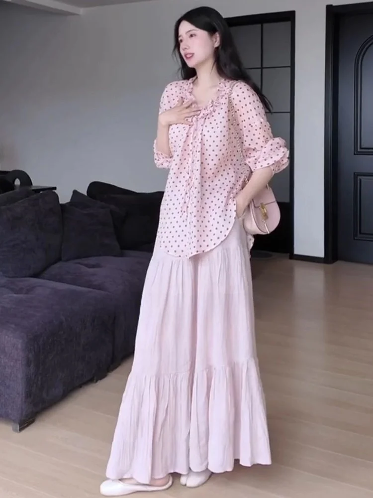Summer New Pink Polka Dot Texture Sense Women's Shirt And Cake Skirt Two-Piece Set V-Neck Long Sleeve Loose Fit Casual Wear