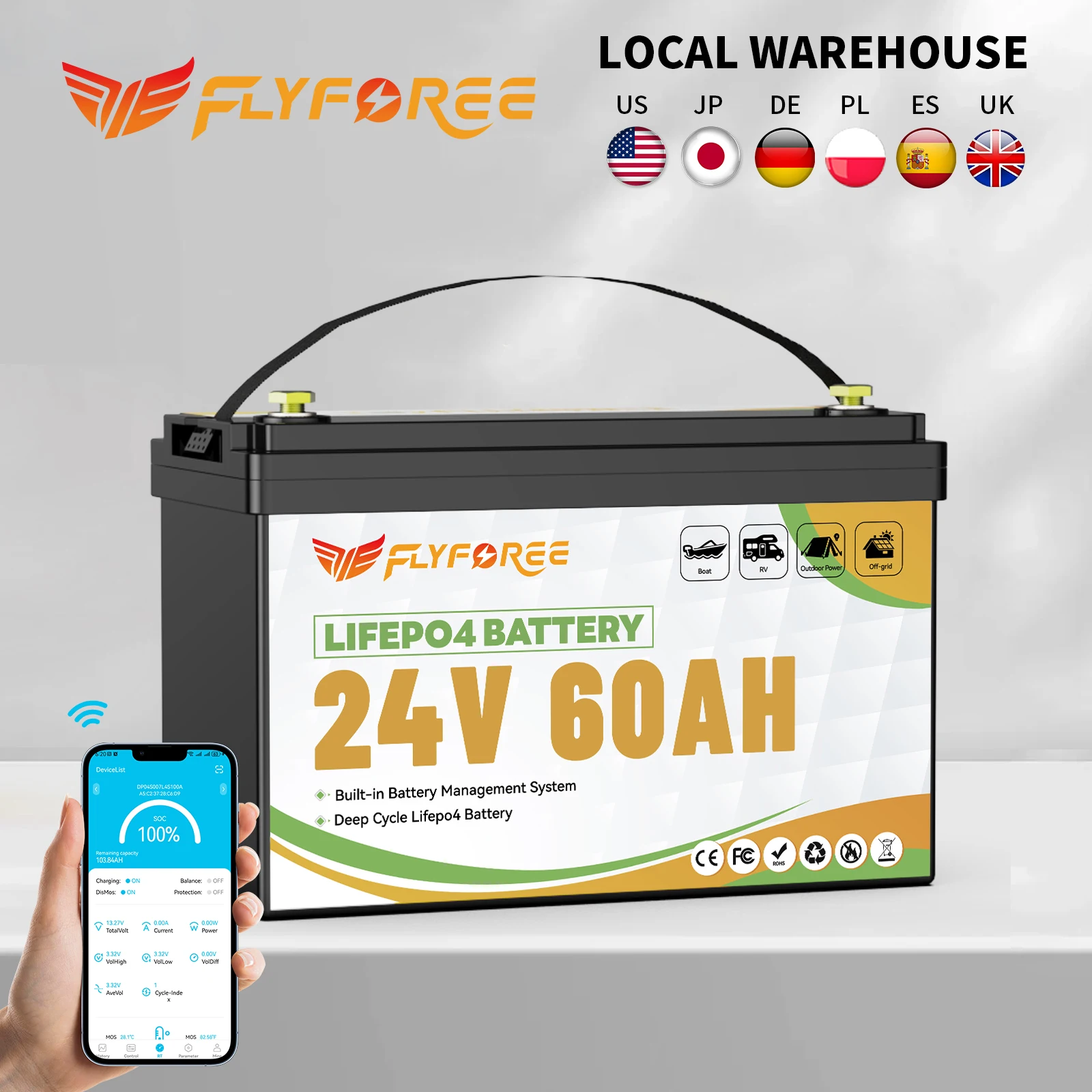 FLLYROWER 24V 60AH LiFePO4 Battery Pack With Bluetooth 60A BMS 8000+ Cycles For RV Campers Off-Road Off-grid Solar Wind Lithium Battery