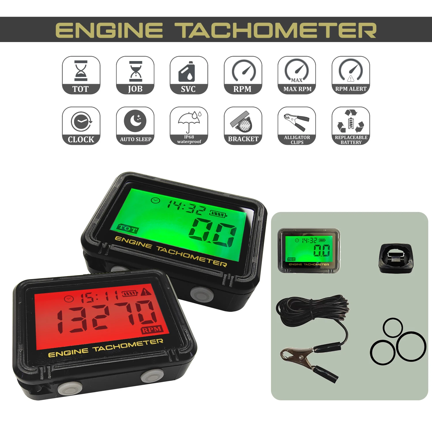 Green Backlight Multifunction Motorcycle Tachometer RPM Clock Digital Display Tach Hour Meter Auto Sleep Replaceable Battery