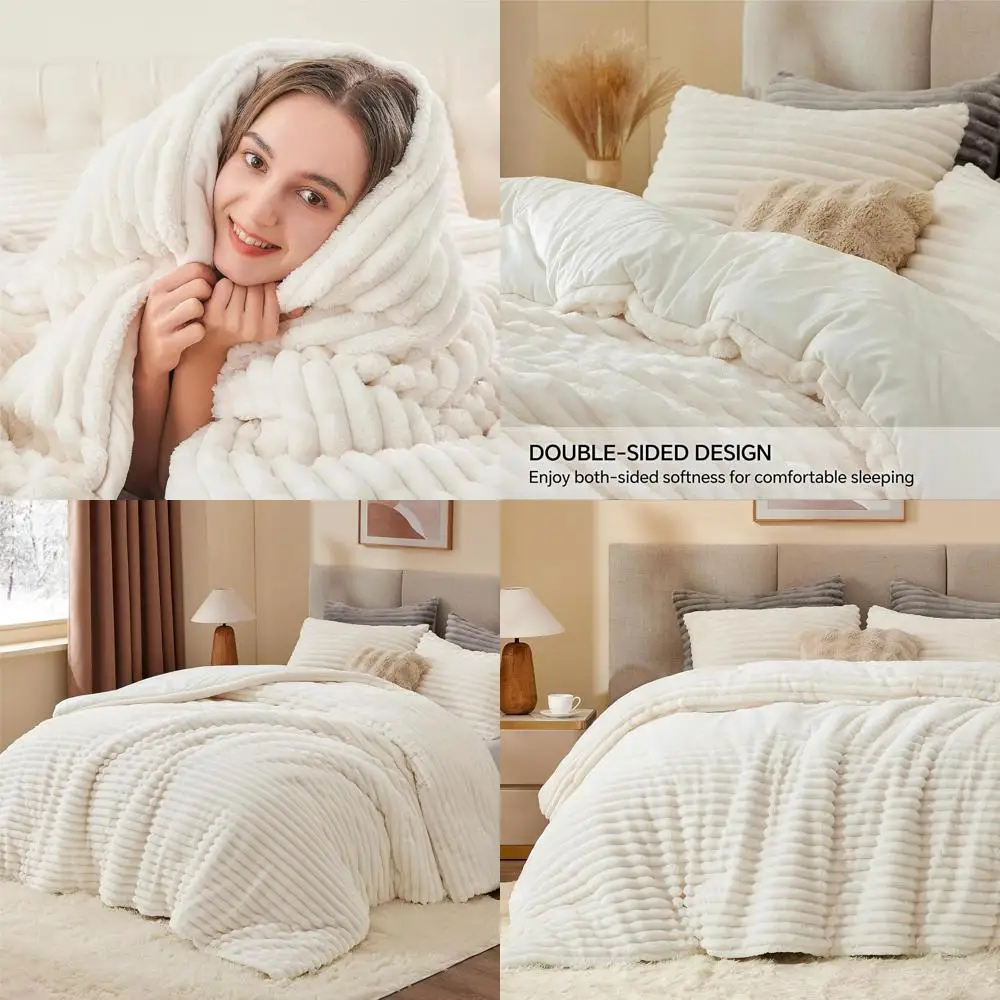

Ultra-Soft & Cozy White Fluffy Bedding Set, Plush Heavy Comforter with 2 Pillowcases for Winter Luxury