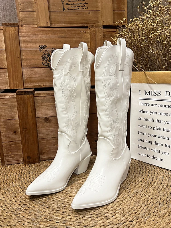 Kendall Jenner Inspired Western Embroidered Boots Women's Pointed Toe High Heel Retro V-Notch White Knight Long Boots