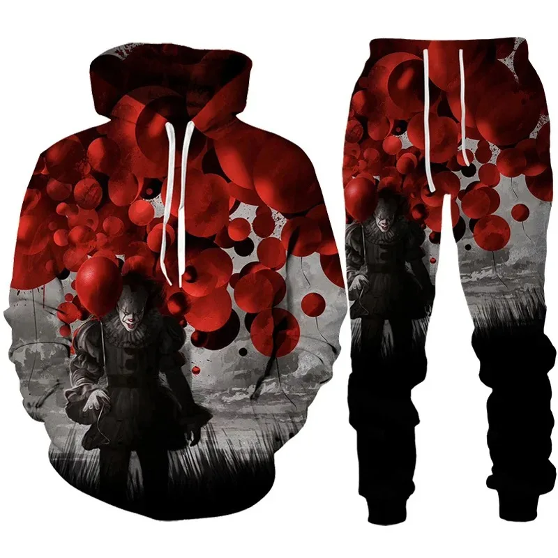 2023 Autumn Winter Men\'s Hoodies Tracksuit Set Horror Movie Clown 3D Print Fashion Hoodie Pants Suit Funny Unisex Pullover Sets