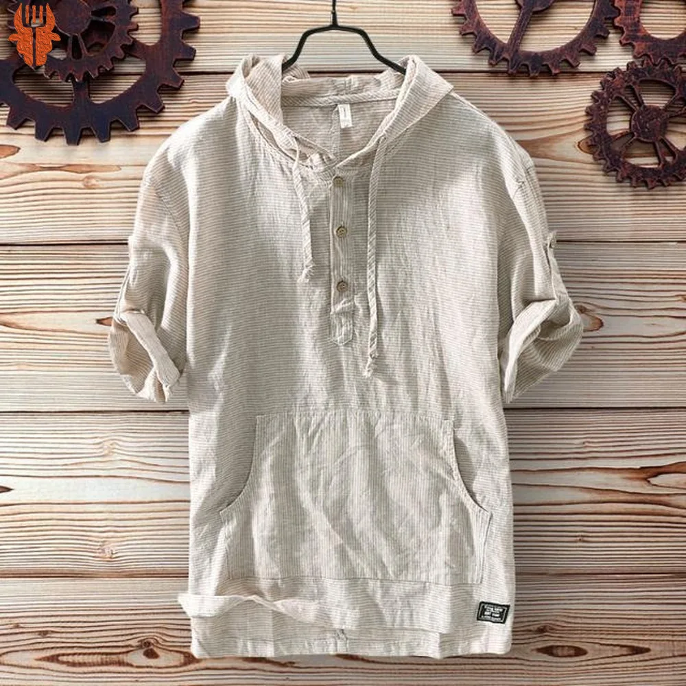 

Linen T Shirt Men Summer Clothes With Hood Breathe Cool Thin Tops Men Fashion Clothing Short Sleeve Shirts Casual Streetwear