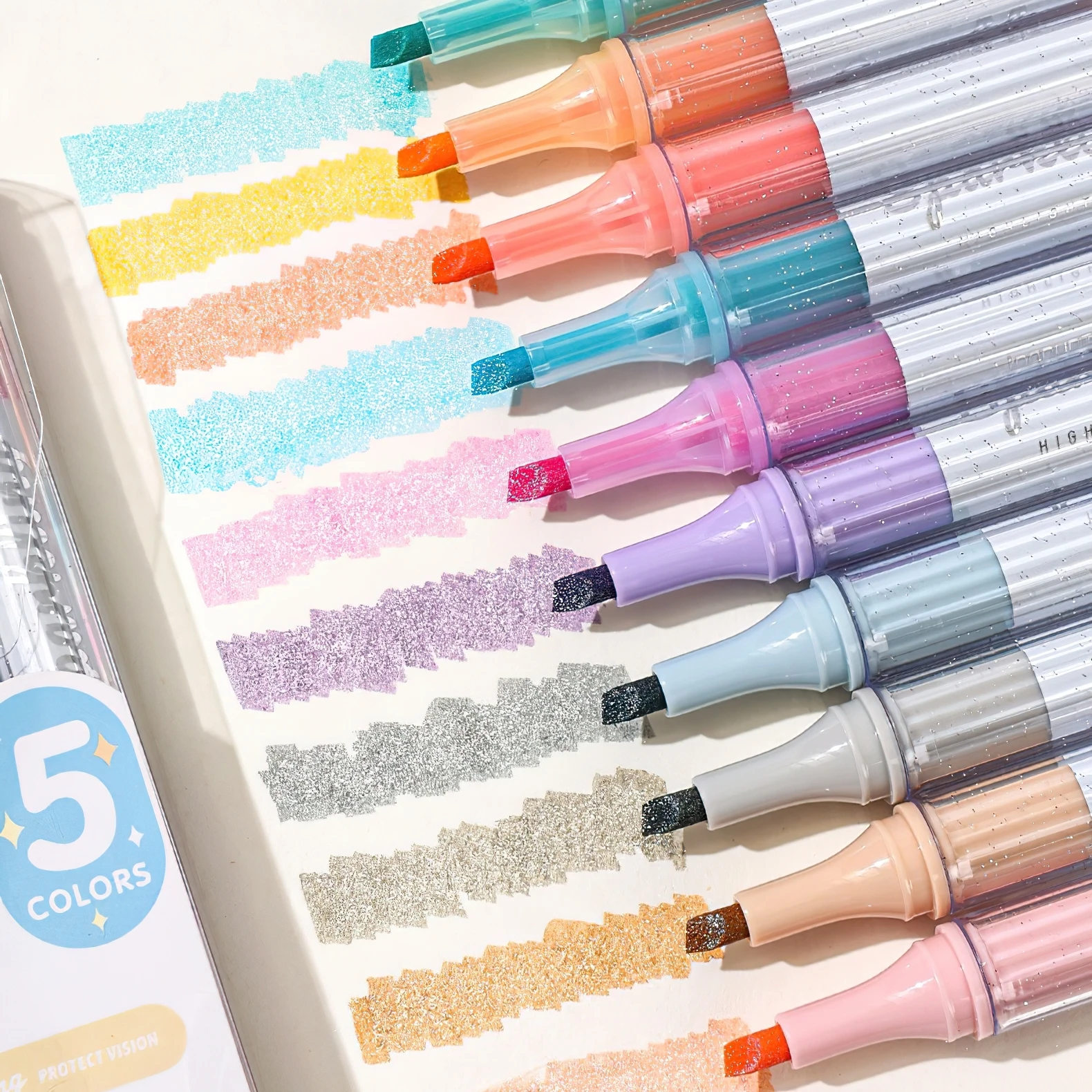 

Набор из 5 ручек-хайлайтеров мягких цветов, наконечник щетки Morandi Protect Vision с мягким долотом — флуоресцентные маркеры Hued и сверкающие A3100