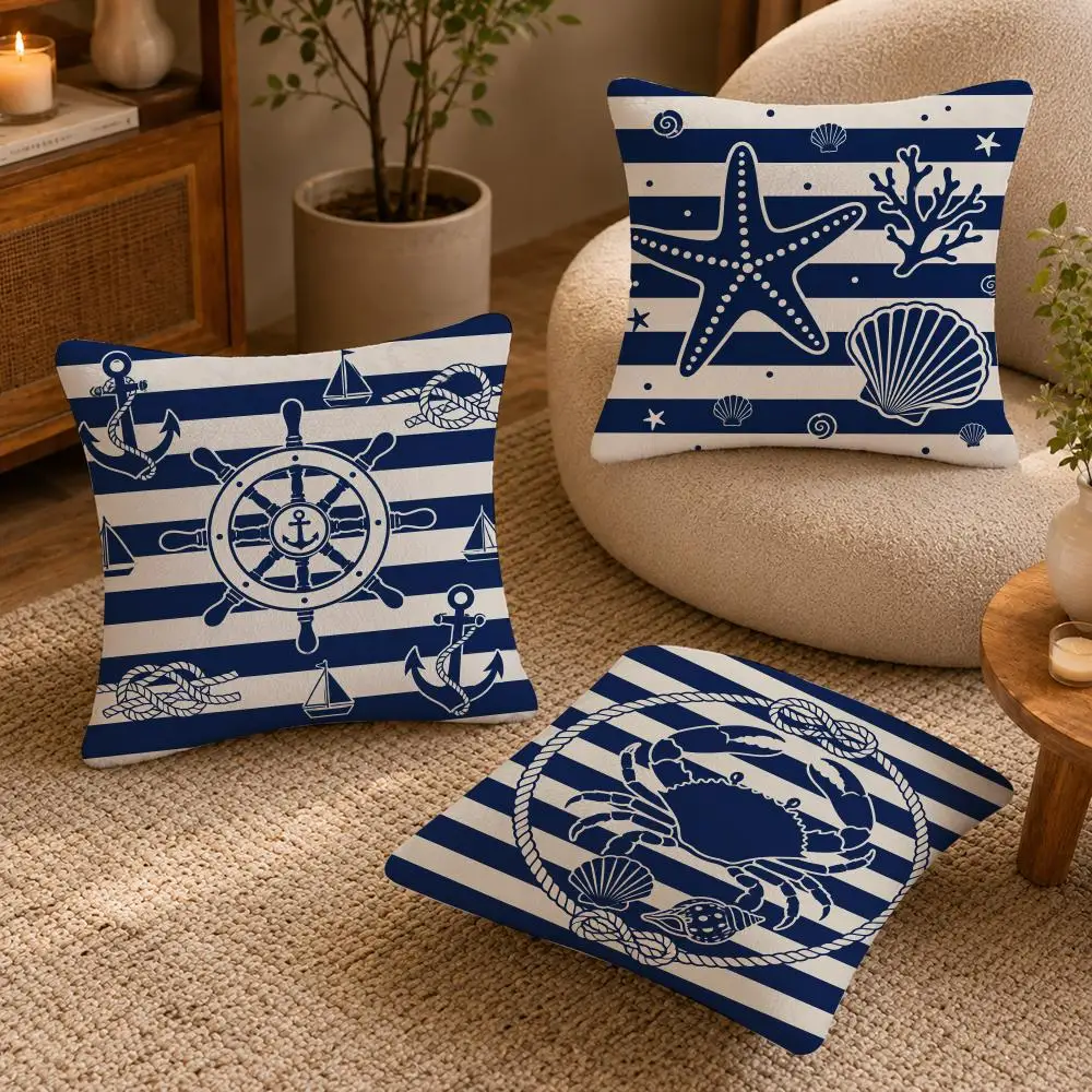 Nautical Anchor Point Pattern Cushion Cover Soft Short Plush Pillow Case Double Sided Print Washable Sofa Bed Home Decor Gift