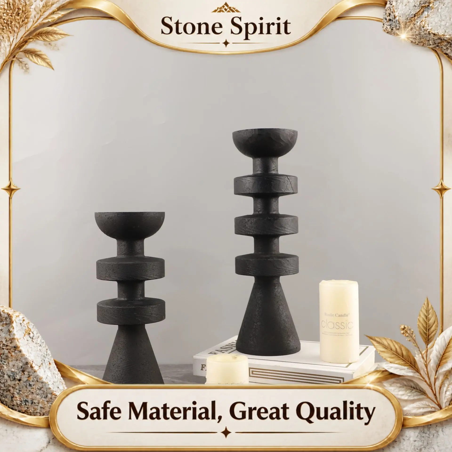 Natural Black Marble Candle Holder, Modern Yellow Cave Stone Candle Holder, Living Room Decoration Ornament, Home Decoration