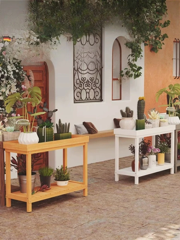 Outdoor Courtyard Two-layer Shelf, Open-air Balcony Floor-to-ceiling Solid Wood Plant Display Stand,  Fence Flower Stand