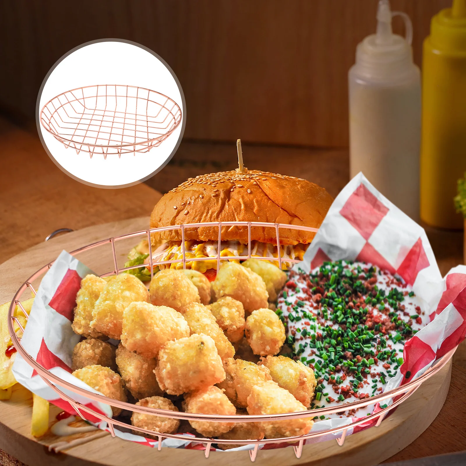 

Wire Shelving Storage Basket Fast Food Plates Home Fruit Container French Fries Snack Wire Basket Large Capacity Sturdy Material