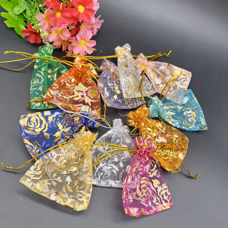 100pcs 7x9 9x12 Sachet Organza Bags Rose Gift Pouches Packaging Wedding Bag Jewelry Storage Bag Drawstring Pouch Small Gift Bags