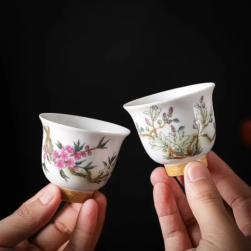 Kung Fu Tea Cup Twelve Flower Gods Set Enamel Pastel Ceramics 12 Pieces Gift Box Host\'s Ceramics & Pottery Chinese Teaware Bar