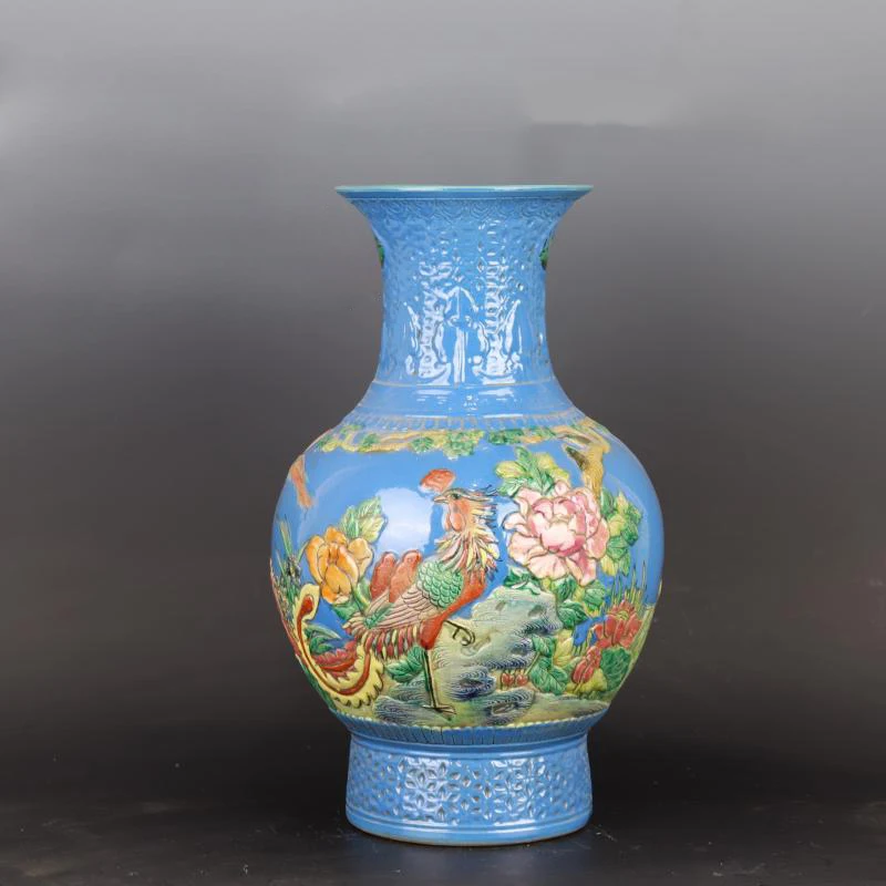 Qing Qianlong Tischvase, Dekorationen, azurblau, geschnitzte rosa Blume und Vogel, Fischschwanzflasche, reines handgefertigtes Porzellan, Heimdekoration