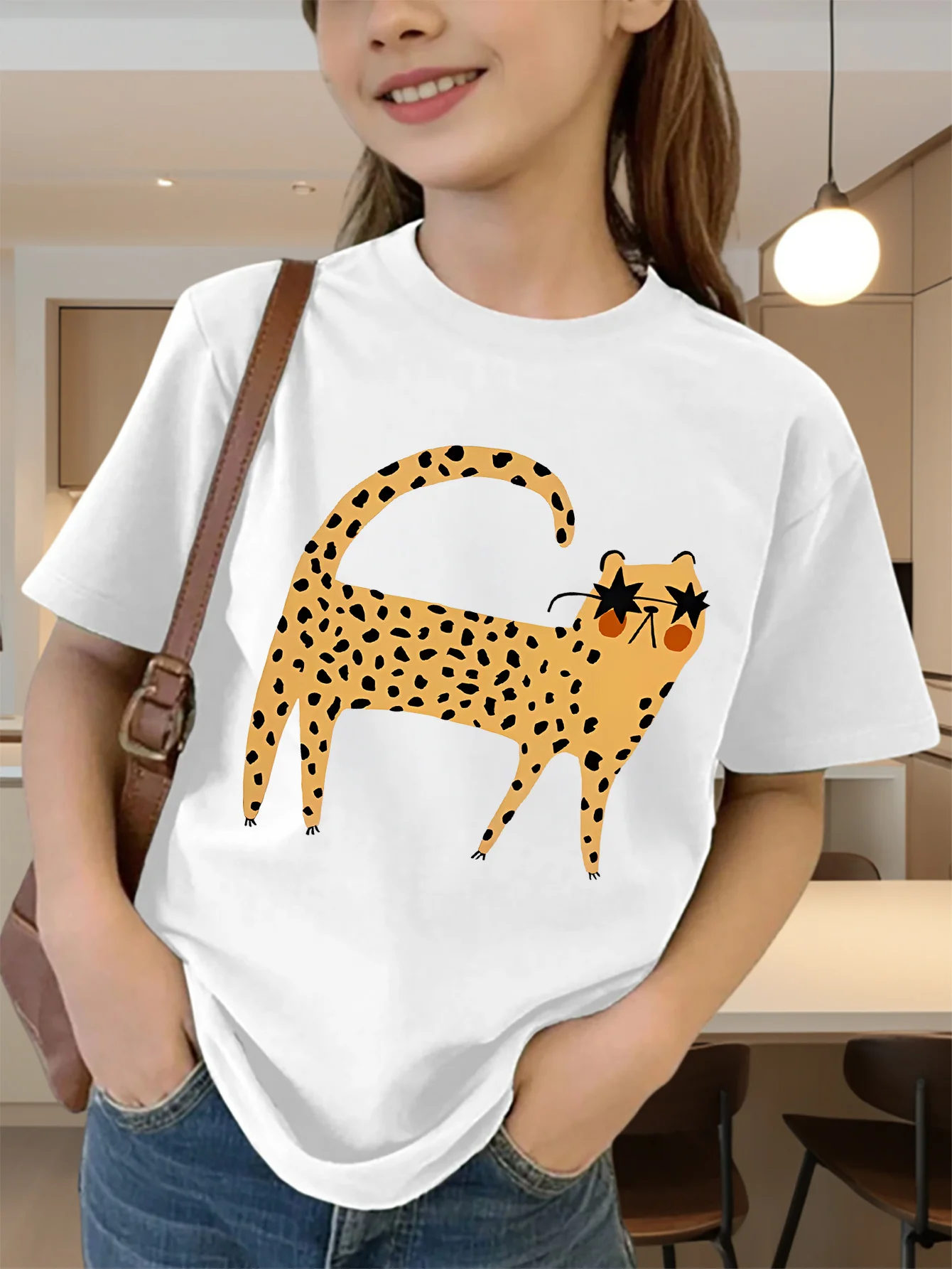 Cute Star Sunglasses Leopard Print Graphic Kids Tee Boys Girls Family Matching Cotton Crew Neck Short Sleeve Soft Summer Tee
