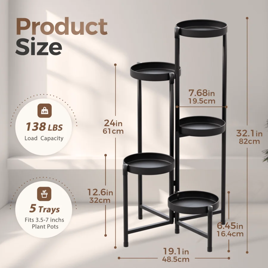 Stand Indoor Outdoor Foldable 5 Tier Metal Plant For Multiple Plants, Tiered Heavy Duty Plant Shelf For Patio Garden Balcony Liv