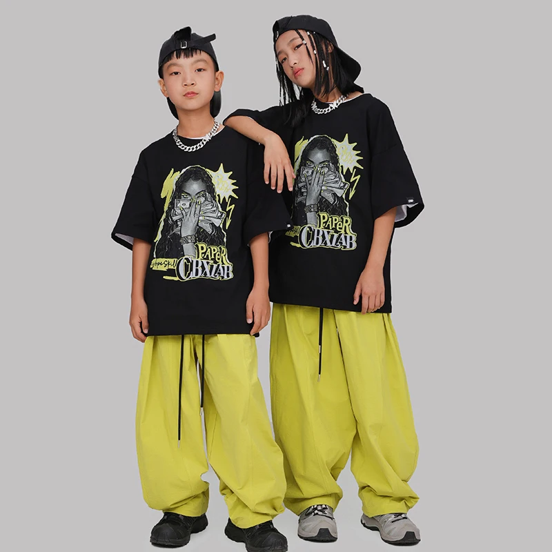 New Ballroom Hip Hop Dance Costumes For Girls Group Black T-Shirt Yellow Pants Outfits Boys Loose Jazz Dance Clothing  DQS18451
