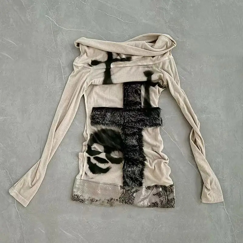 

Korean Patchwork Sexy T Shirt Harajuku Punk Skull Print Slash Neck Y2k Aesthetic Tops Streetwear Off Shoulder Fairy Vintage Tees