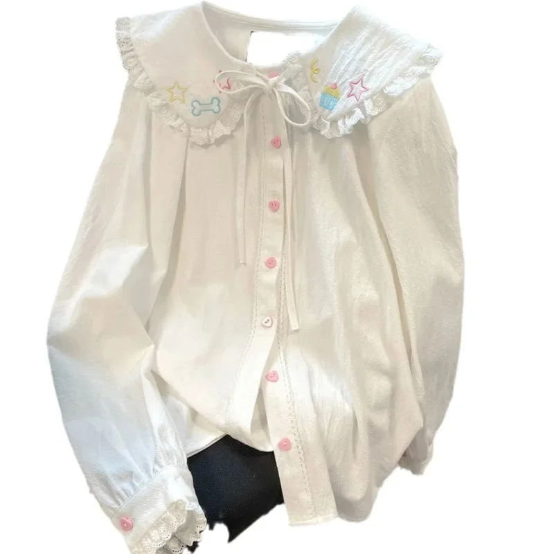 Y2K Lace Embroidery Lace Hoodie JK Shirt Women's Spring And Autumn Retro Inner Lace With Button Long Sleeve Doll Collar Top New