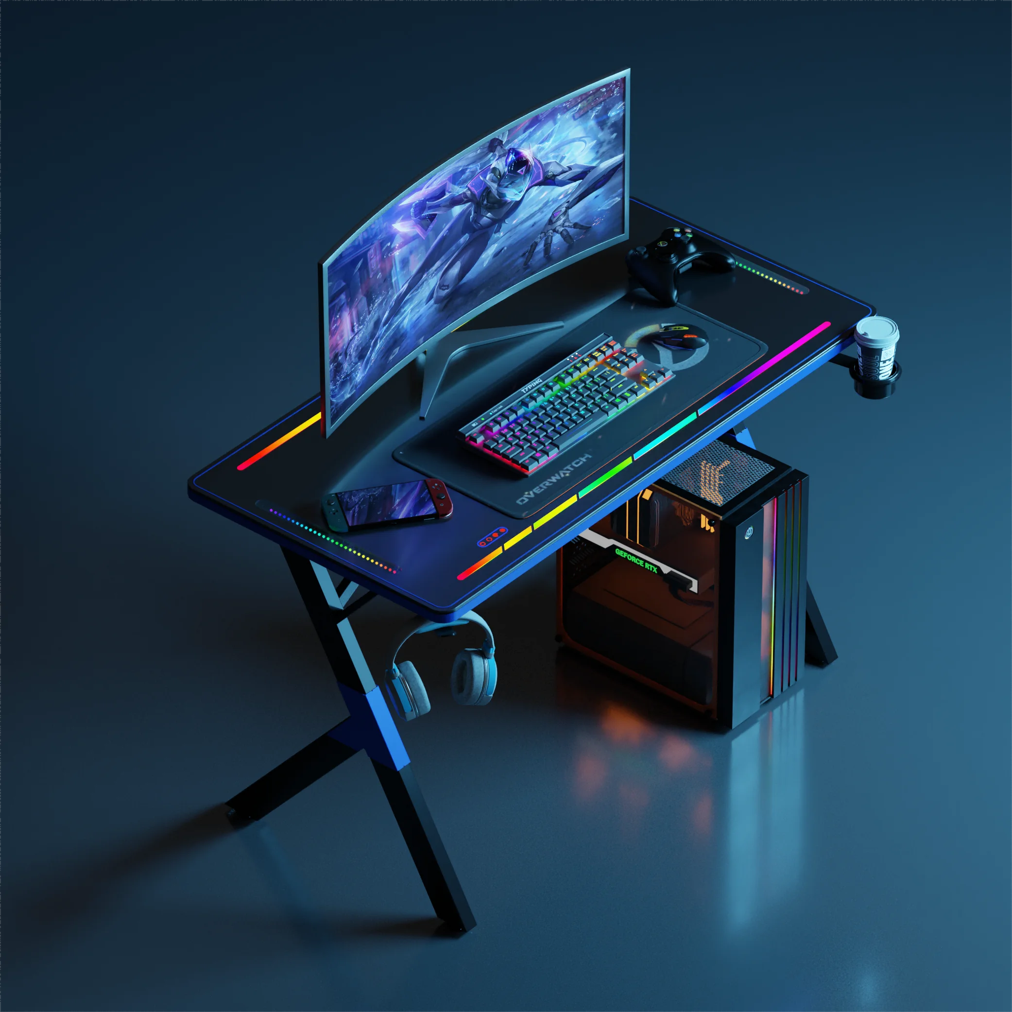 

Motor Best Modern Office Furniture Lifting Computer Electric Stand up Computer Desk Rgb Light Gaming Desk