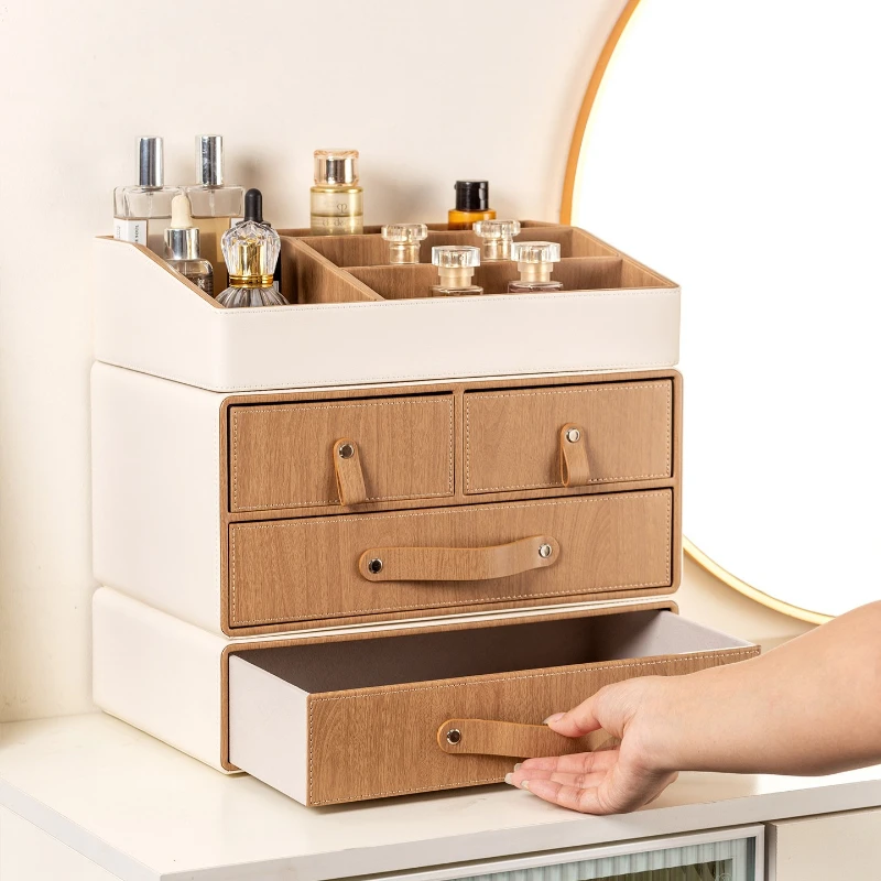 Cream Style Leather Drawer Storage Box Dustproof Cosmetic Organizer Desktop Jewelry Holder Multi-function Dresser Storage Case