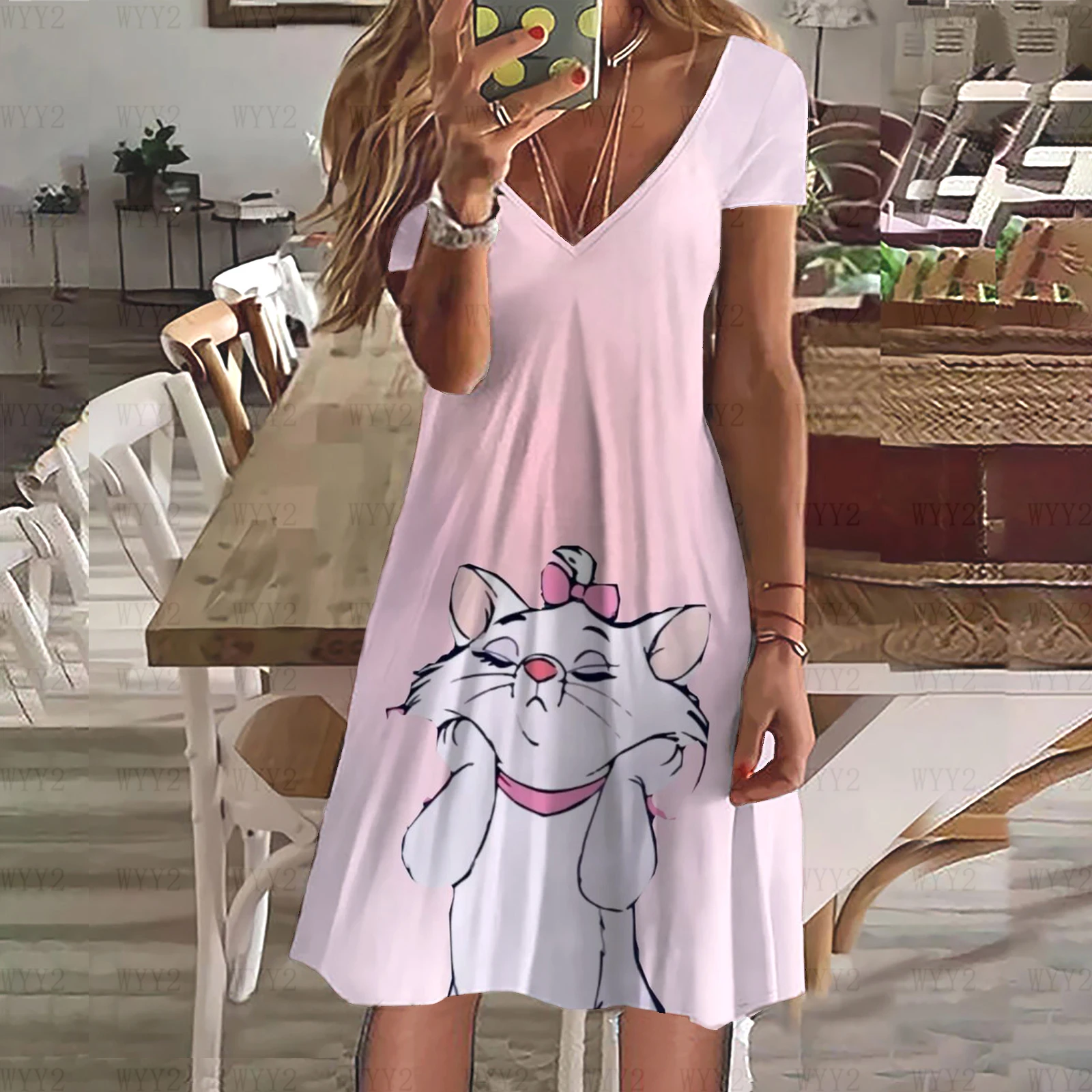 แฟชั่นฤดูร้อนสาวชุด Disney Marie Cat V คอลําลองสไตล์ Pastoral Slim หวานขี้เกียจ Midi ชุดหลวม Street สไตล์กระโปรง