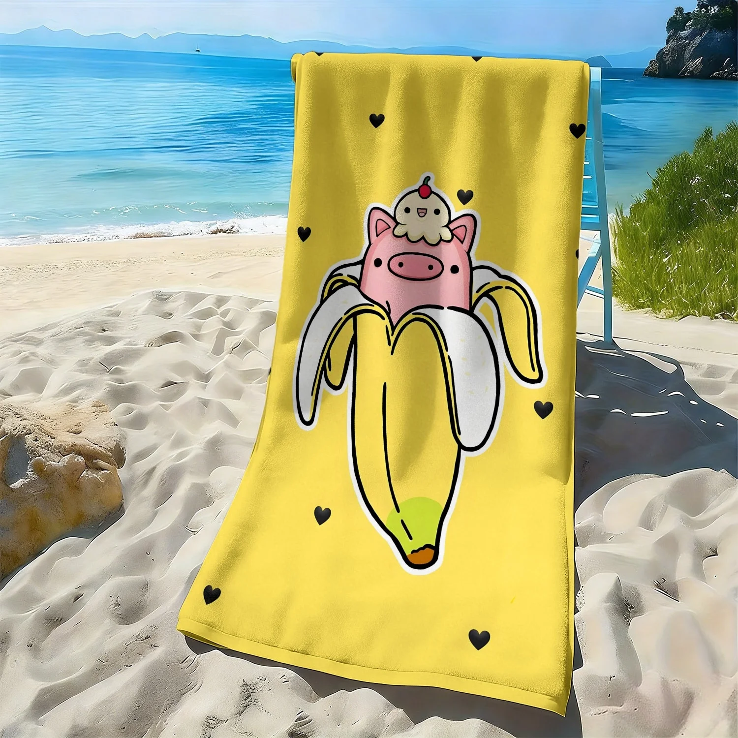 

Пляжное полотенце из полиэфирной микрофибры с рисунком мультяшного поросенка и бананов, очень хорошо впитывает влагу, подходит для плавания и поездок на пляж.