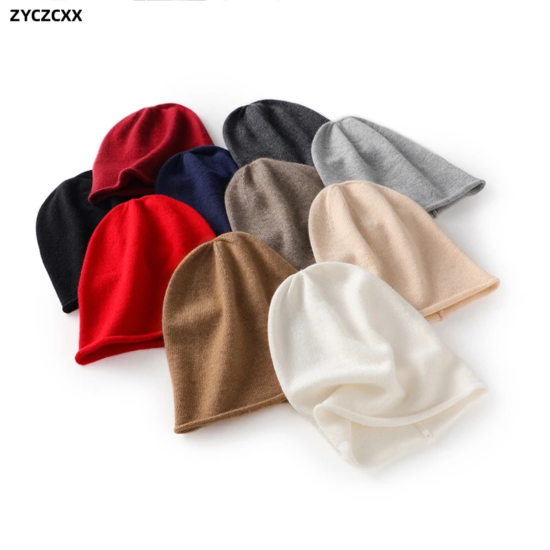 2023 New Winter 100% Cashmere Knitted Unisex Warm Hat High Quality Solid Leisure Sleeve Hat Men\'s And Women\'s High Quality Hat