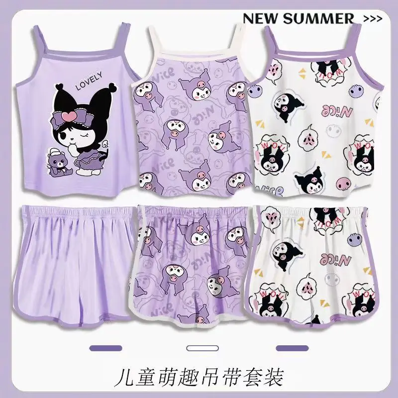 Kuromi Anime Kawaii Sanrio Pajamas Shirt Pants Cute Cartoon Summer New Children Suspenders Set Home Clothes Kids Gifts